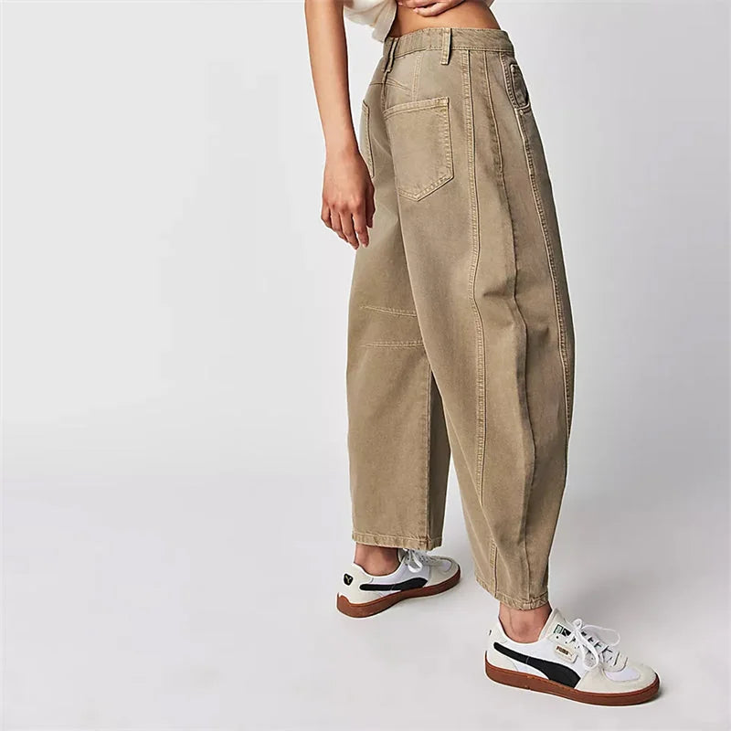 Beige Women's High-Waisted Barrel Jeans — Rhea Denim Wide-Leg Relaxed - Side Pose Walking