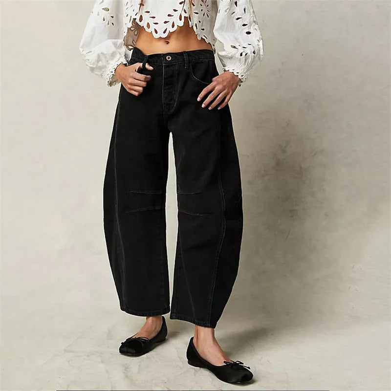 Black Women's High-Waisted Barrel Jeans — Rhea Denim Wide-Leg Relaxed - Front Full Lace Crop