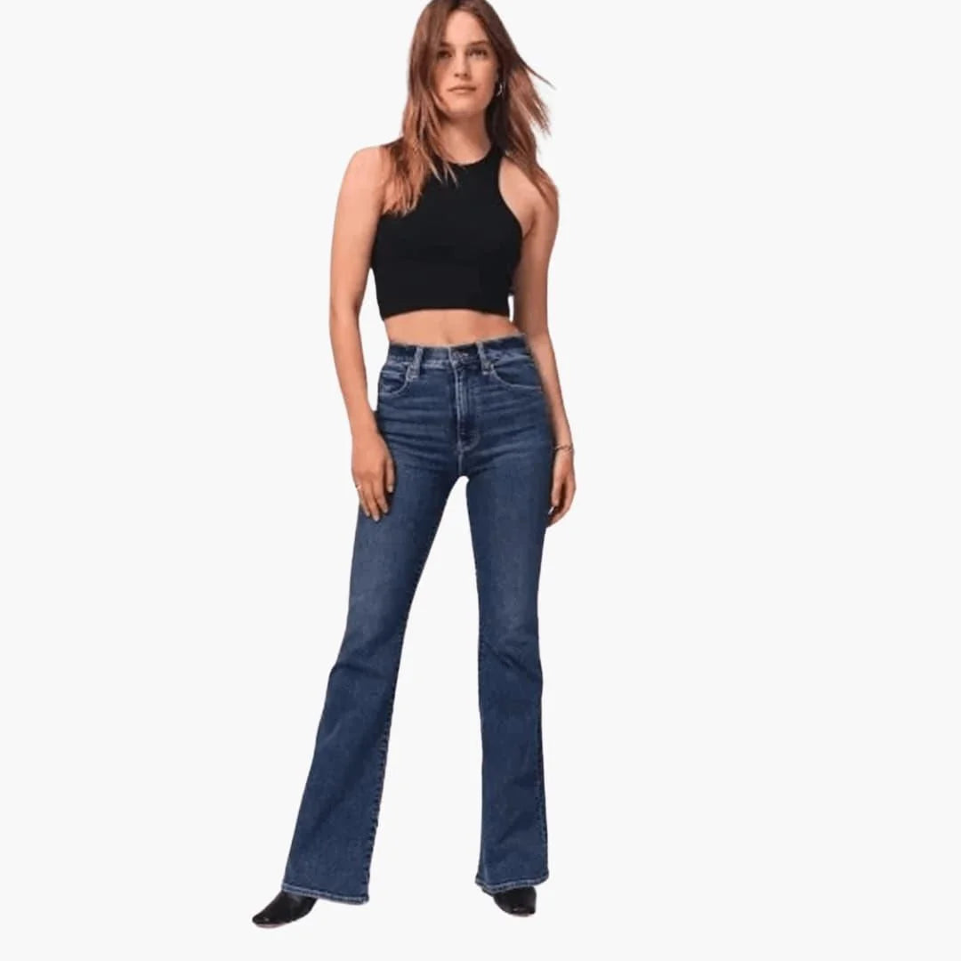 Blue Women's High-Waisted Bootcut Jeans — Tilly Everyday Flared Denim - Front Standing