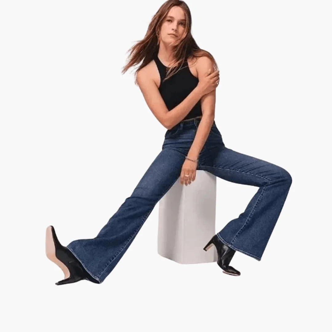 Blue Women's High-Waisted Bootcut Jeans — Tilly Everyday Flared Denim - Seated Pose