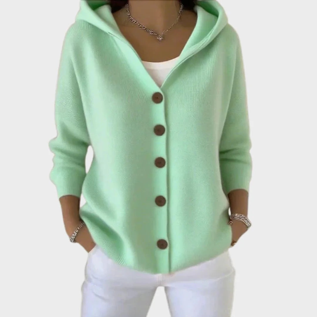 Green Women's Hooded Button-Front Cardigan — Henrietta Cozy Knit Relaxed-Fit - Front Full