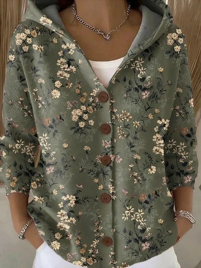 Dark Green Women's Relaxed Long Cardigan — Paloma Knit Hooded Button-Front - Front Full Floral