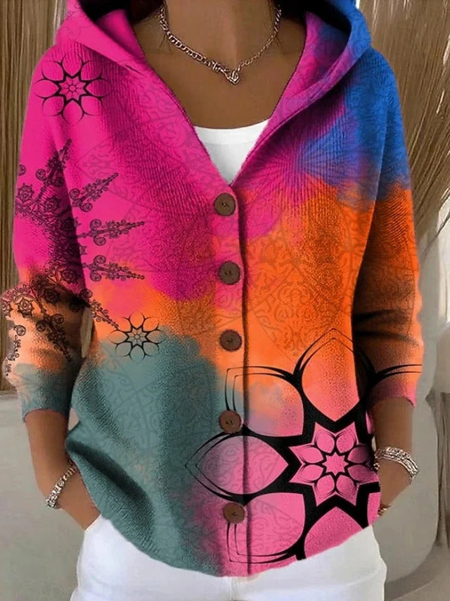 Fuchsia Women's Relaxed Long Cardigan — Paloma Knit Hooded Button-Front - Front Full Ombre