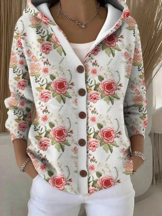 Pink Women's Relaxed Long Cardigan — Paloma Knit Hooded Button-Front - Front Full Floral Roses