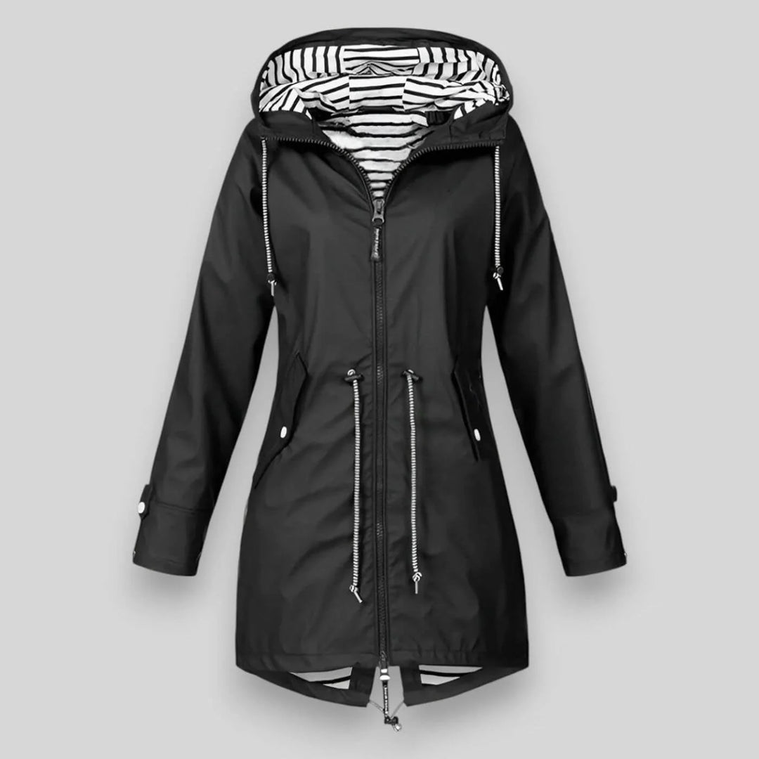 Black Women's Hooded Rain Coat — Celeste Everyday Drawstring Waterproof - Front Hooded