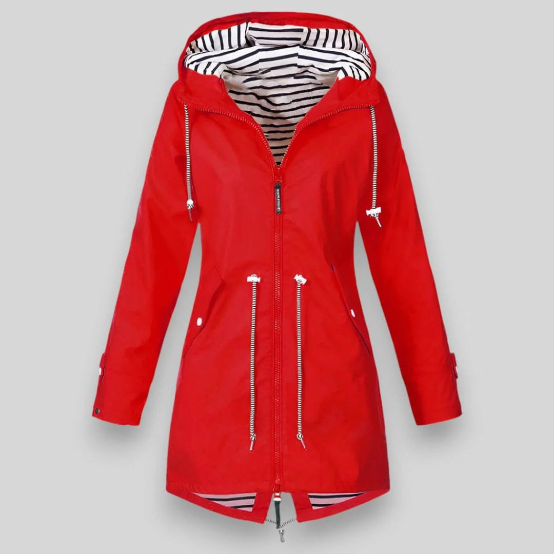 Red Women's Hooded Rain Coat — Celeste Everyday Drawstring Waterproof - Front Zipped