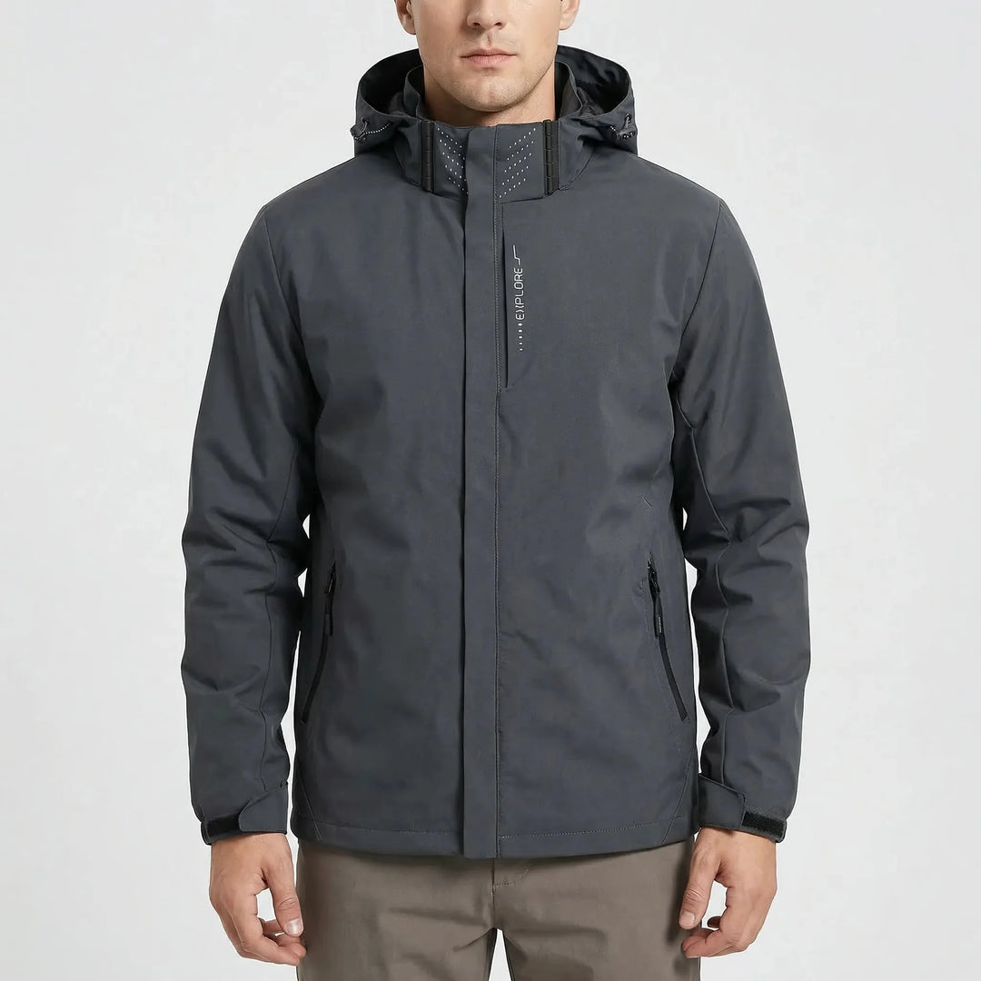 Gray Men's Hooded Waterproof Rain Coat — Andie Everyday Windproof Zip-Up - Front Dark