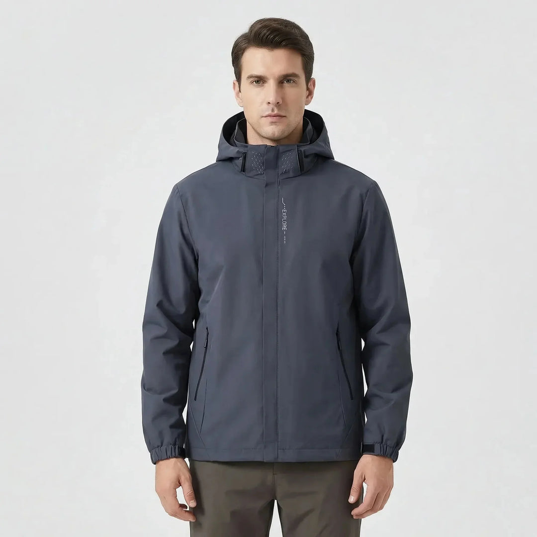 Gray Men's Hooded Waterproof Rain Coat — Andie Everyday Windproof Zip-Up - Front Full Studio