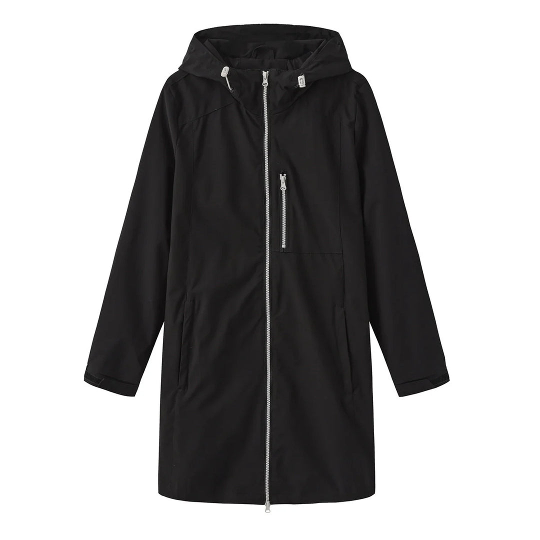 Black Women's Hooded Waterproof Rain Jacket — Clara Lightweight Zip-Pocket Longline - Flat Lay