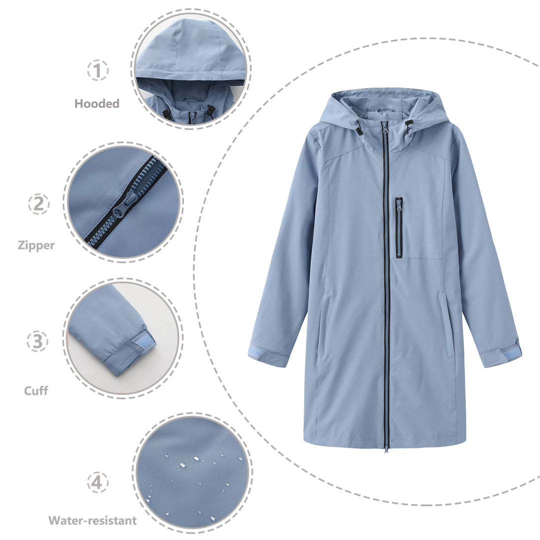 Blue Women's Hooded Waterproof Rain Jacket — Clara Lightweight Zip-Pocket Longline - Detail Callouts