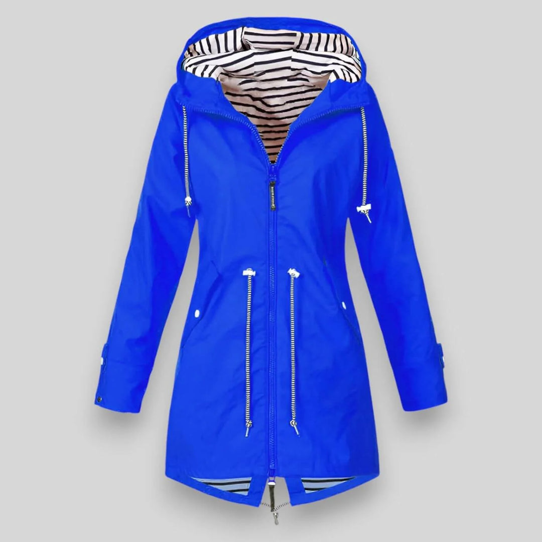 Blue Women's Hooded Waterproof Rain Jacket — Hattie Lightweight Drawstring Zip-Up - Front Full Open Collar
