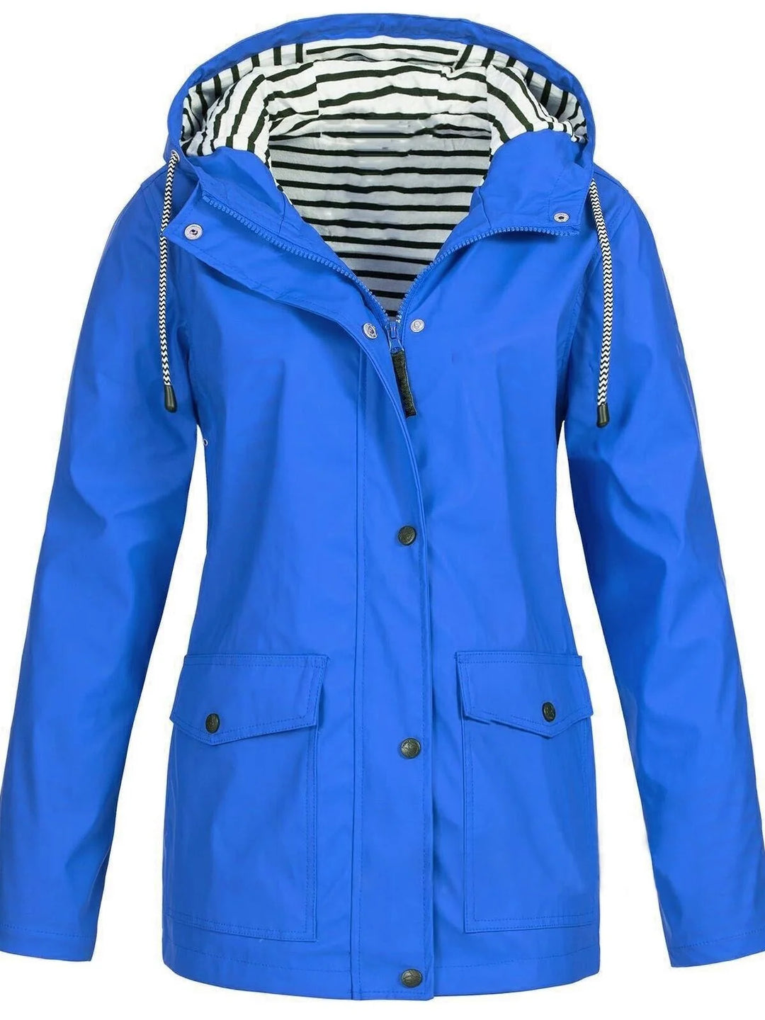 Blue Women's Hooded Waterproof Rain Jacket — Ingrid Everyday Zip-Up Pocketed - Front Pocket