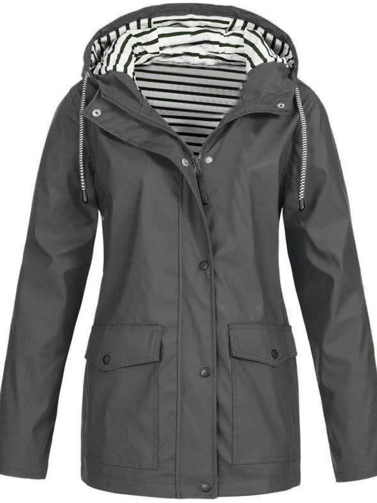 Gray Women's Hooded Waterproof Rain Jacket — Ingrid Everyday Zip-Up Pocketed - Front Buttoned