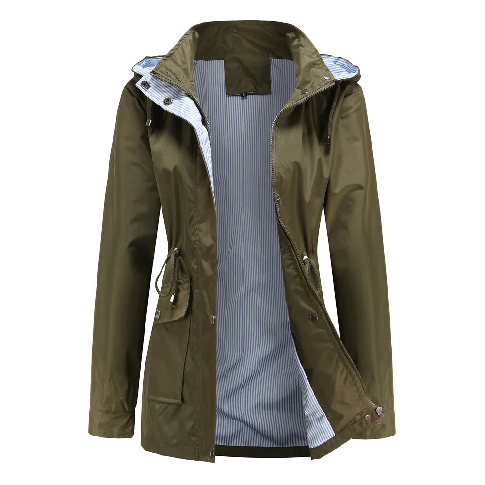 Green Women's Waterproof Rain Jacket — Pearl Zip-Up Hooded Drawstring - Front Open