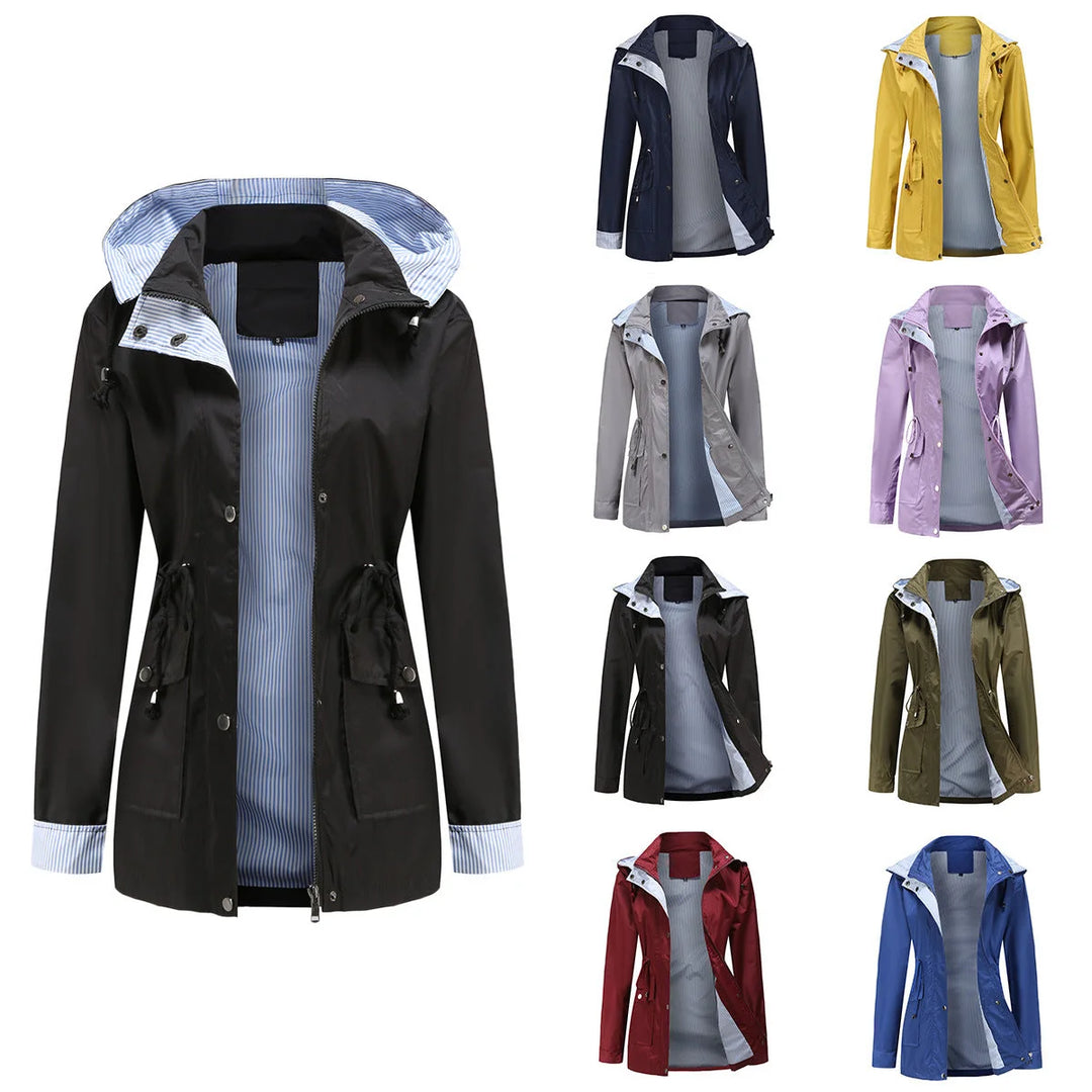 Mitternachtsschwarz Women's Waterproof Rain Jacket — Pearl Zip-Up Hooded Drawstring - Front Swatches Black