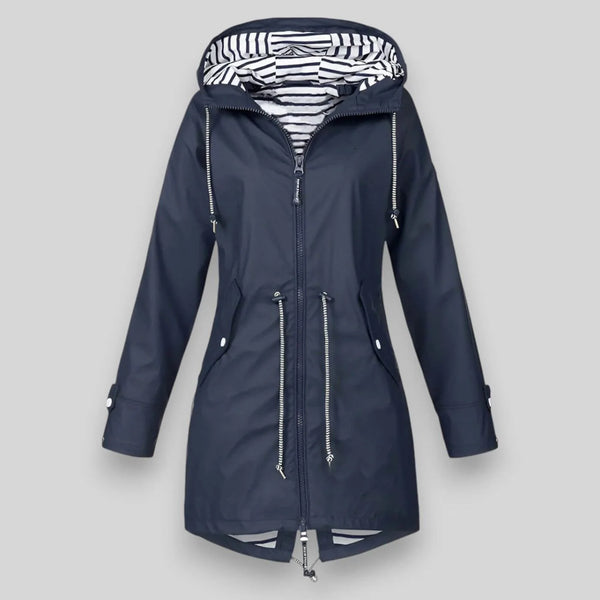 Navy Women's Hooded Waterproof Rain Jacket — Hattie Lightweight Drawstring Zip-Up - Front Full Hood Up