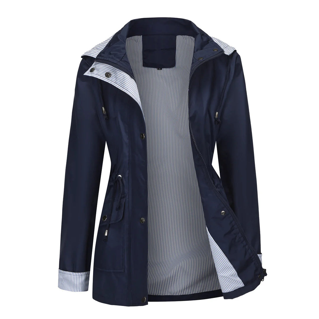 Navy Women's Waterproof Rain Jacket — Pearl Zip-Up Hooded Drawstring - Front Open