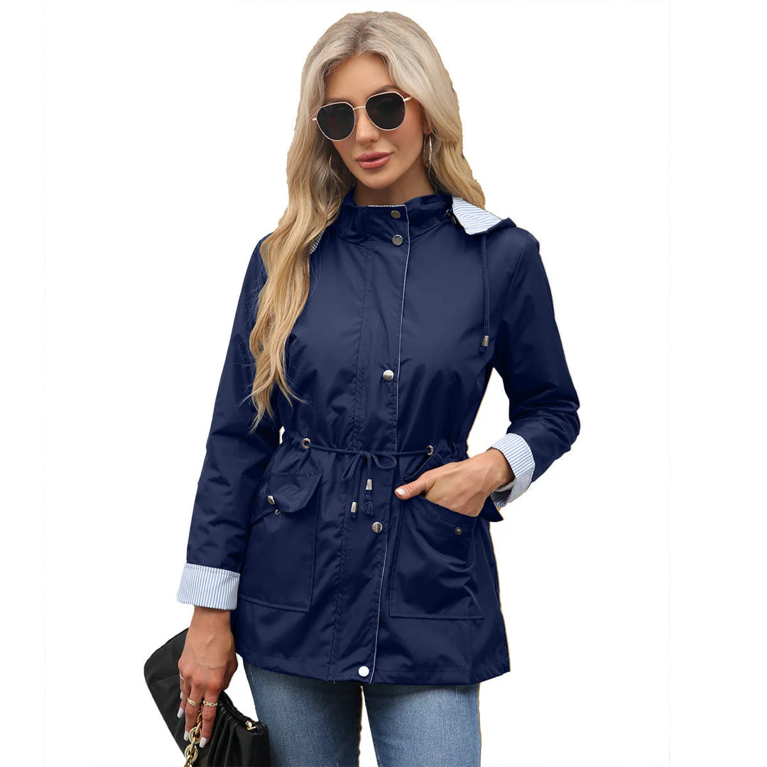 Navy Women's Waterproof Rain Jacket — Pearl Zip-Up Hooded Drawstring - Model Worn Sunglasses