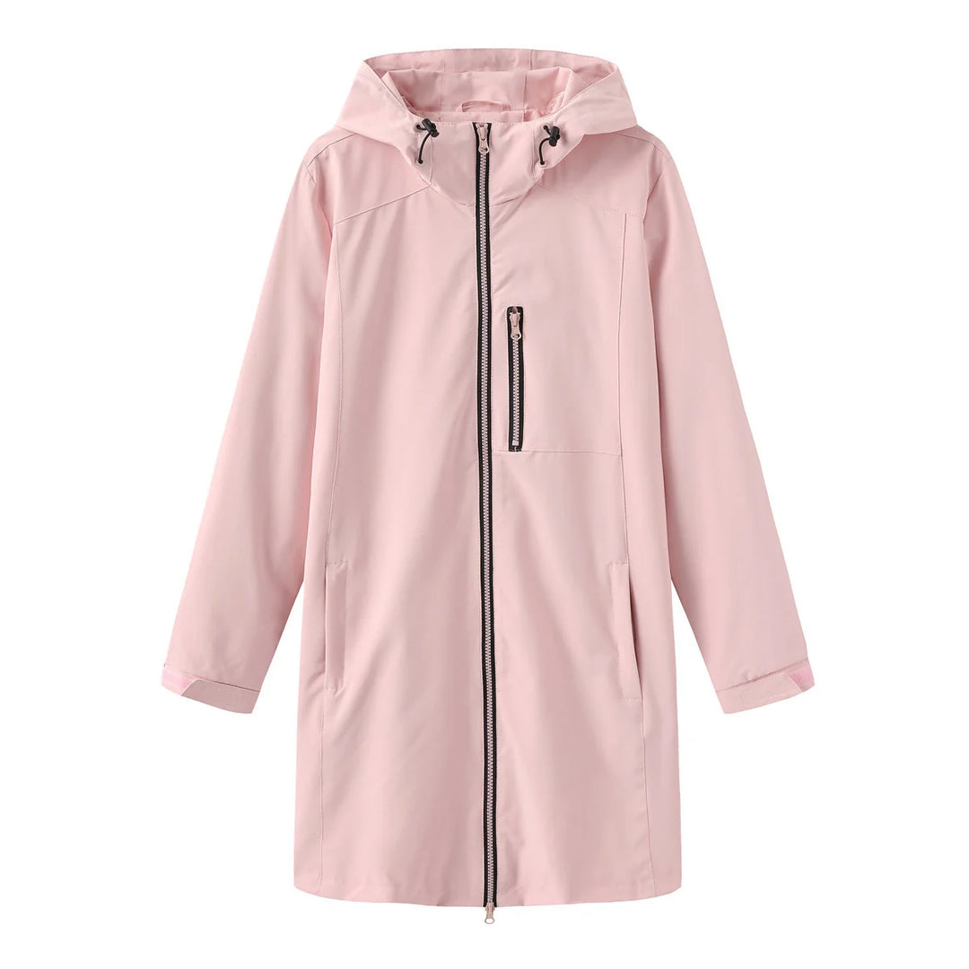 Pink Women's Hooded Waterproof Rain Jacket — Clara Lightweight Zip-Pocket Longline - Flat Lay
