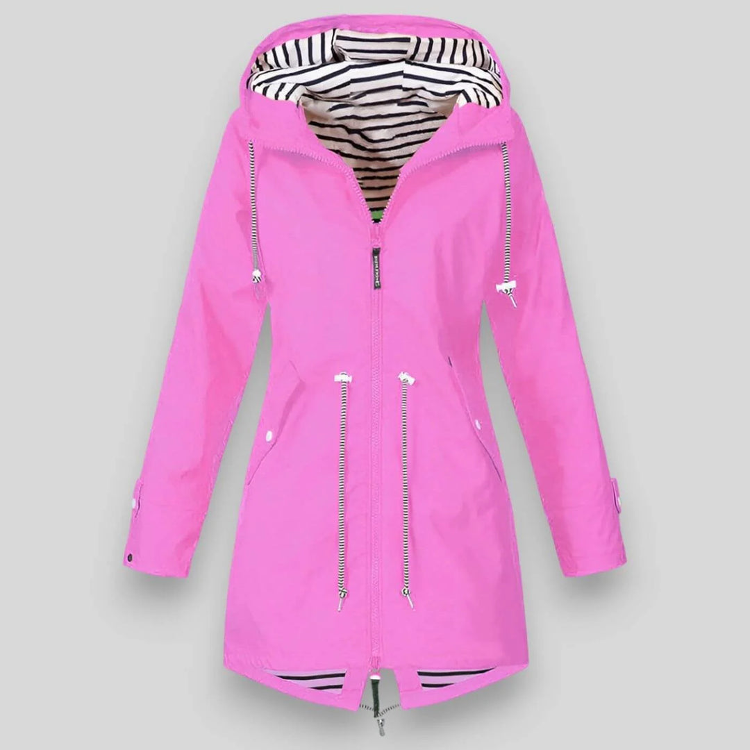 Pink Women's Hooded Waterproof Rain Jacket — Hattie Lightweight Drawstring Zip-Up - Front Full Pockets