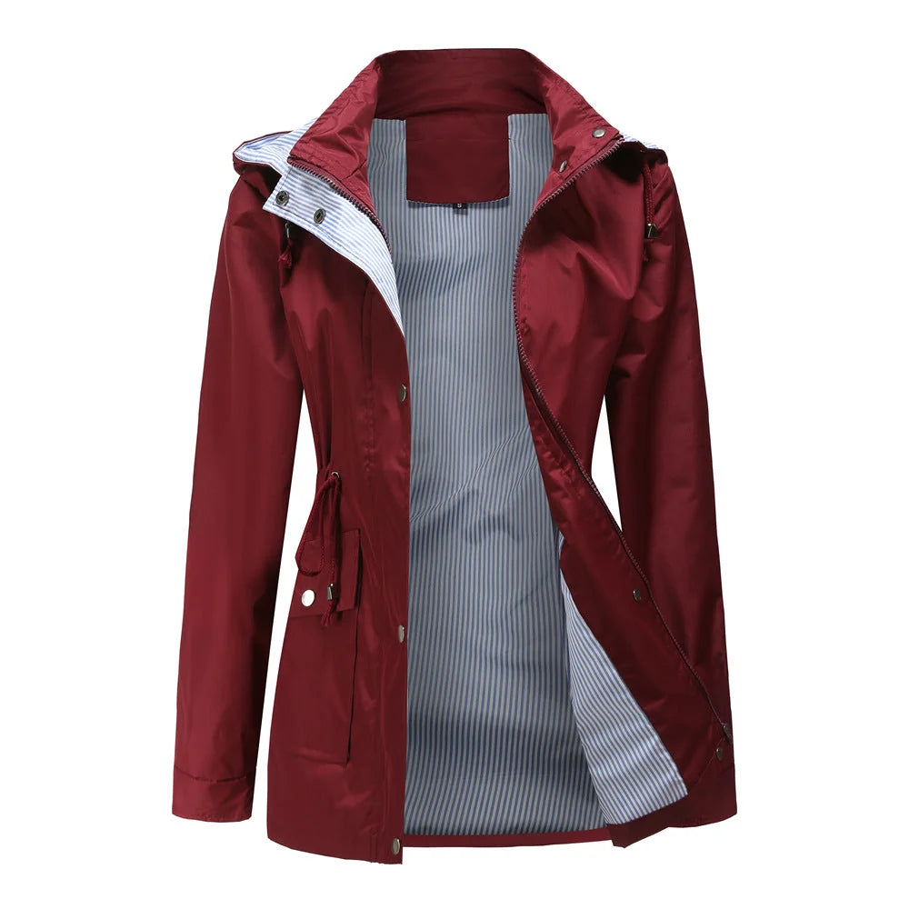 Red Women's Waterproof Rain Jacket — Pearl Zip-Up Hooded Drawstring - Front Open