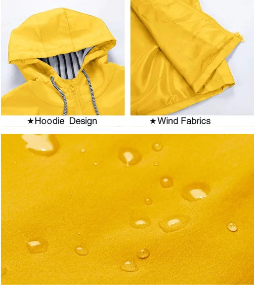 Yellow Women's Hooded Waterproof Rain Jacket — Ingrid Everyday Zip-Up Pocketed - Detail Collage
