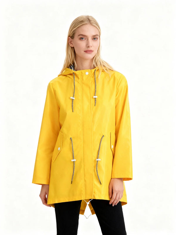 Yellow Women's Hooded Waterproof Rain Jacket — Sofie Zip-Up Drawstring Lightweight - Front Full