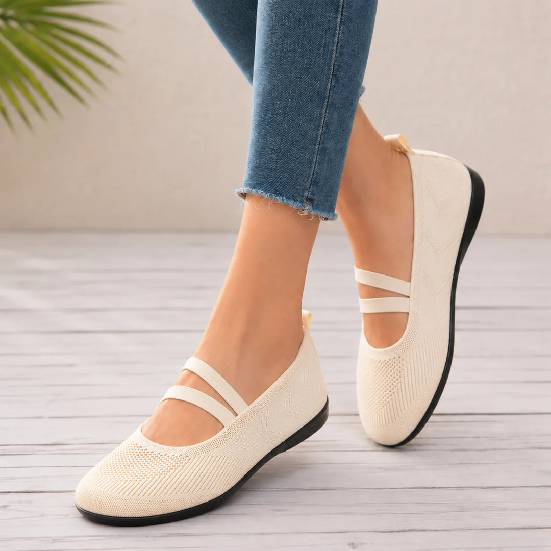 Beige Women's Knit Mary Flats — Jillian Everyday Elastic-Strap Slip-On - Motion Walking Cream