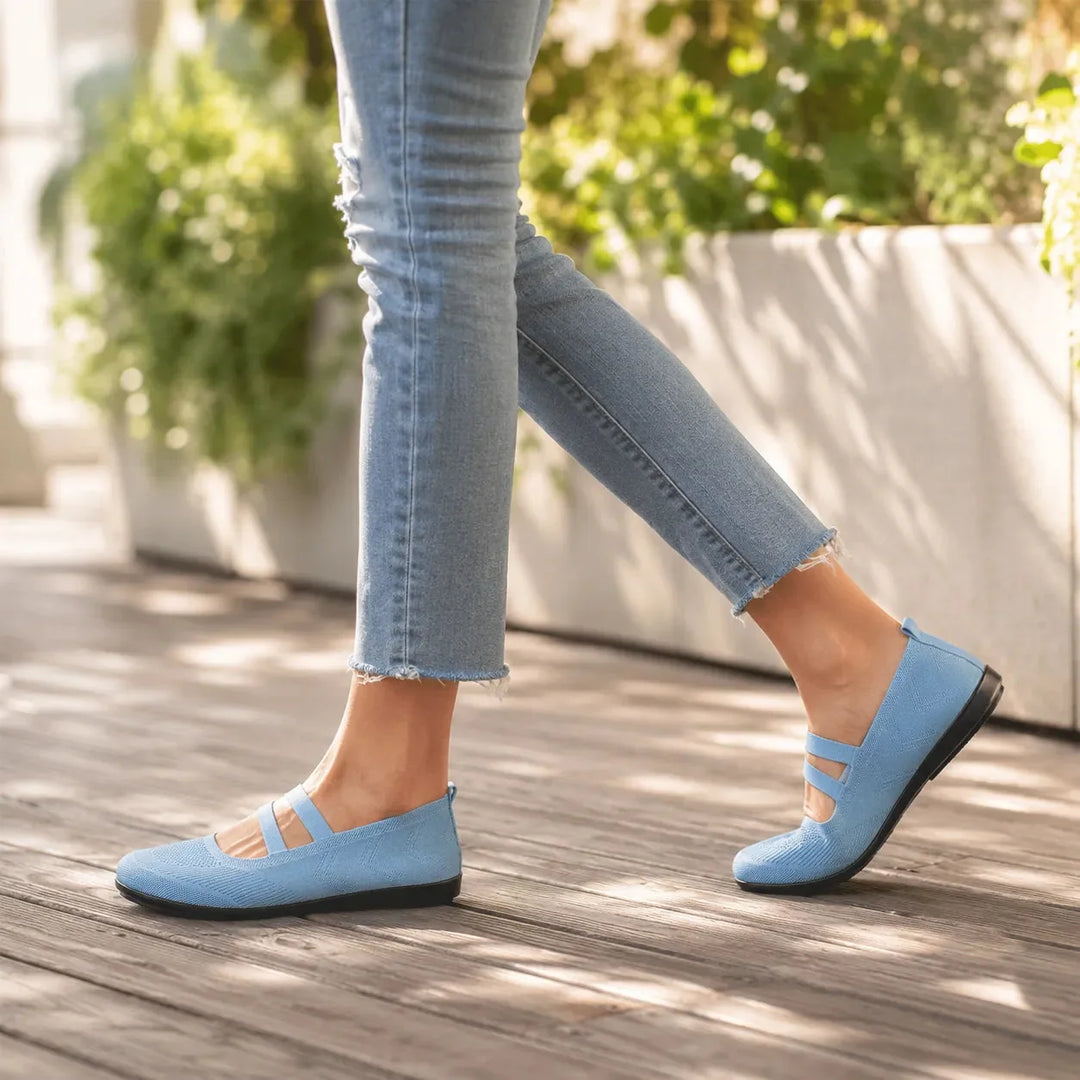 Sky Blue Women's Knit Mary Flats — Jillian Everyday Elastic-Strap Slip-On - Side Profile Walking