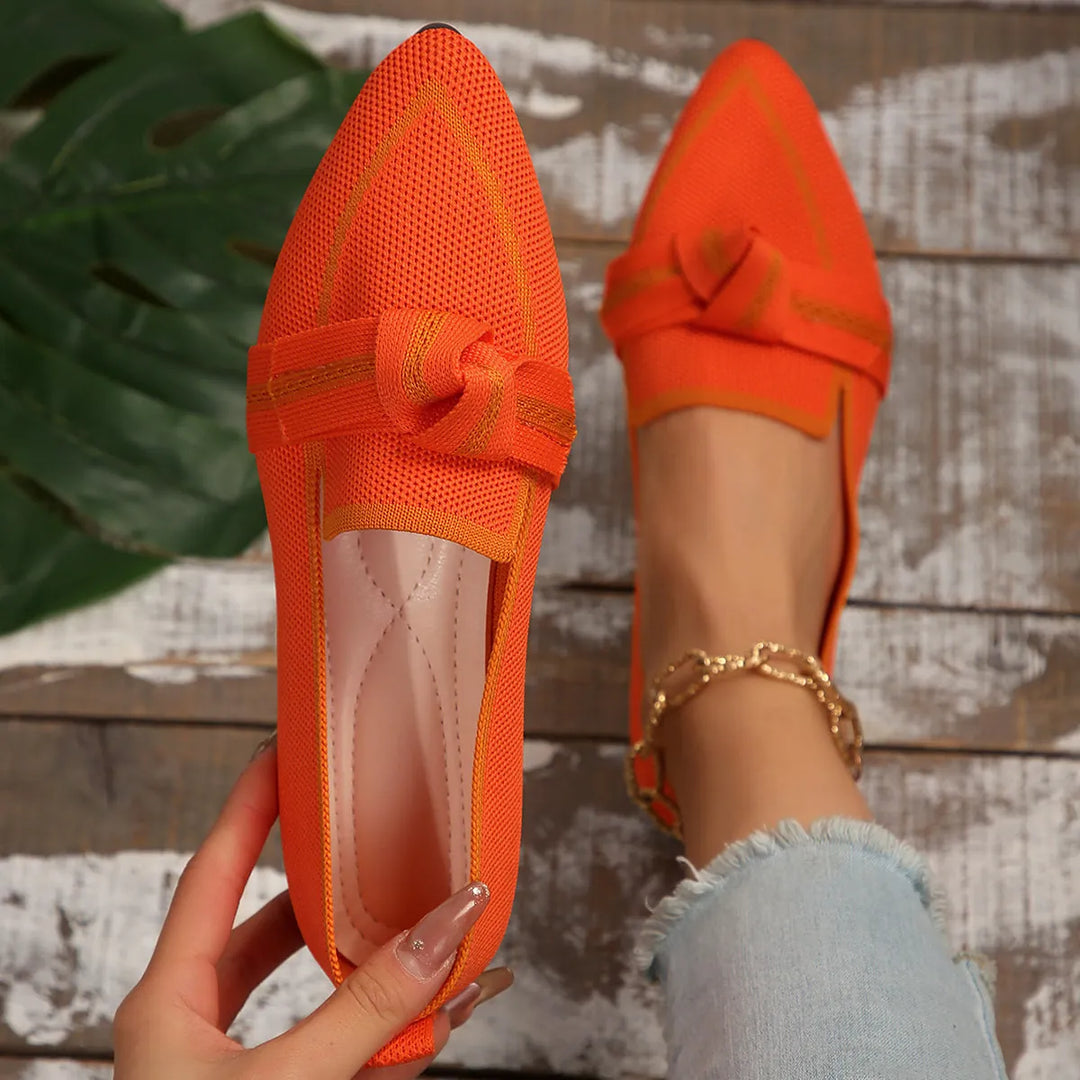 Orange Women's Knit Pointed Toe Flats — Hailey Slip-On Bow-Knot Loafers - Close Up Worn