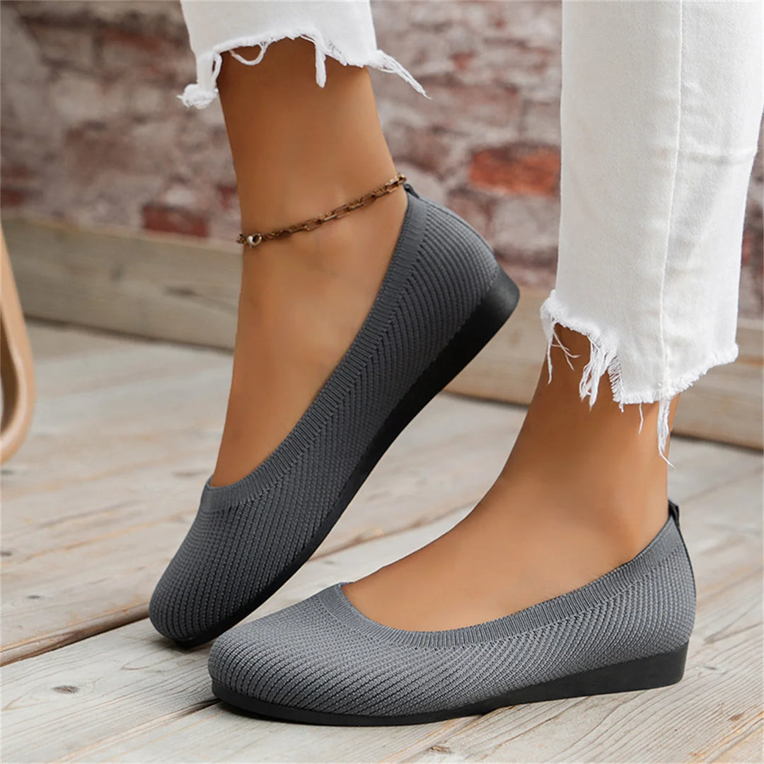 Gray Women's Knit Ballet Flats — May Slip-On Orthopedic Cushioned - Worn Front Pose
