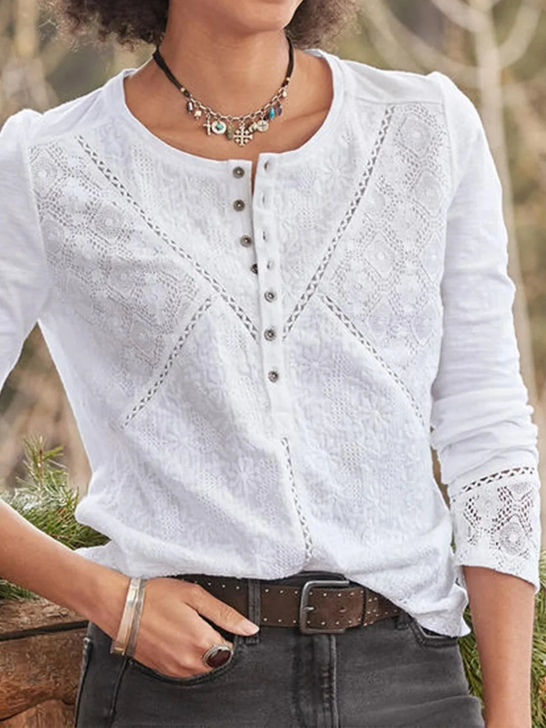 White Women's White Lace Long Sleeve Shirt — Holly Everyday Button-Front Crew Neck - Front Detail