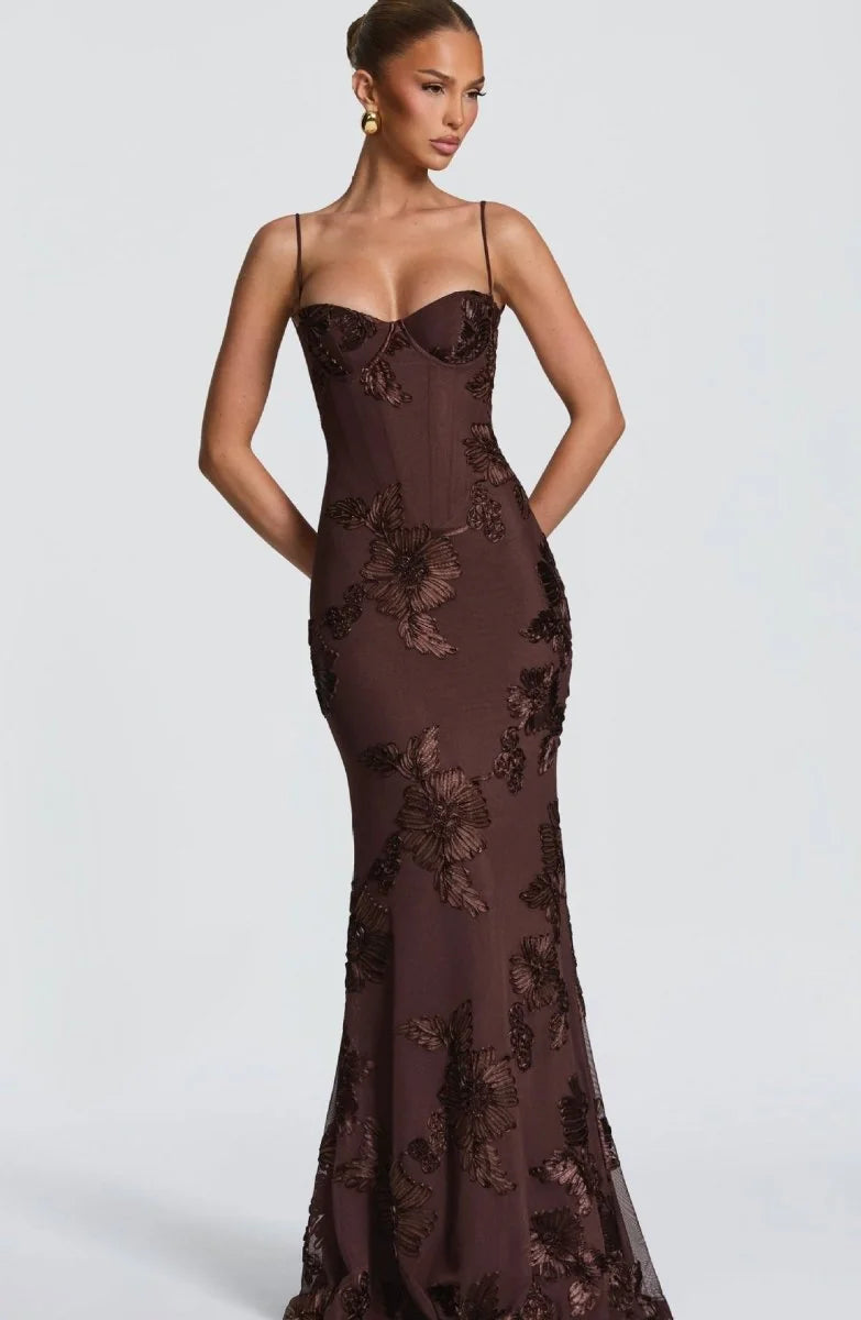 Brown Women's Lace Fitted Maxi Dress — Verity Sweetheart Neckline Mermaid - Front Full