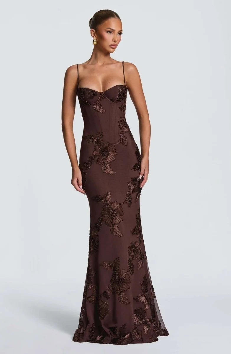 Brown Women's Lace Fitted Maxi Dress — Verity Sweetheart Neckline Mermaid - Side Pose