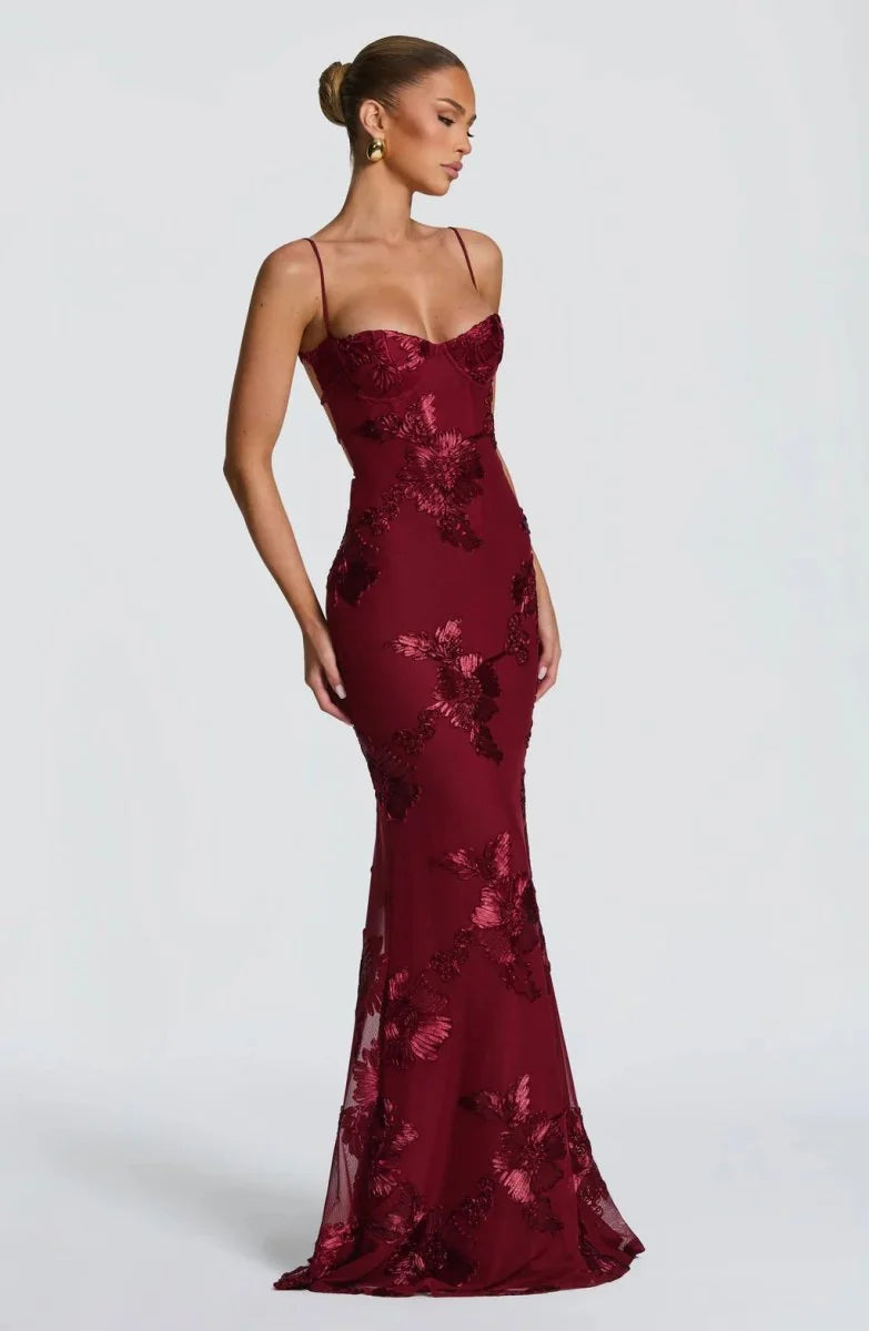 Burgundy Women's Lace Fitted Maxi Dress — Verity Sweetheart Neckline Mermaid - Front Full