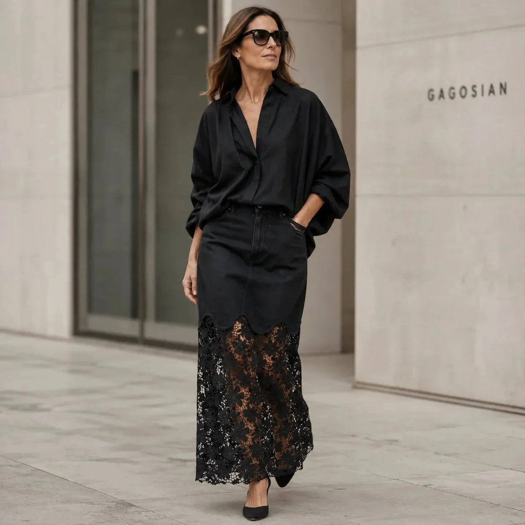 Black Women's Floral Lace Denim Maxi Skirt — Giselle High-Waisted Scalloped Bohemian - Street Walking