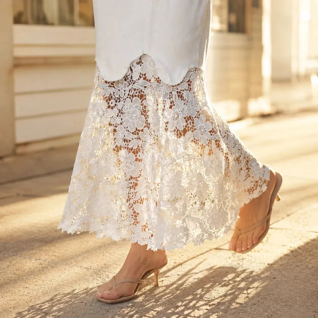 White Women's Floral Lace Denim Maxi Skirt — Giselle High-Waisted Scalloped Bohemian - Hem Detail