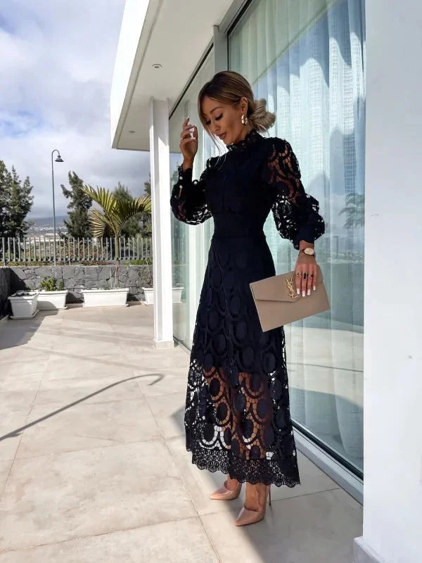 Black Women's Lace Midi Dress — Rhiannon Long Sleeve High Neck - Side Pose