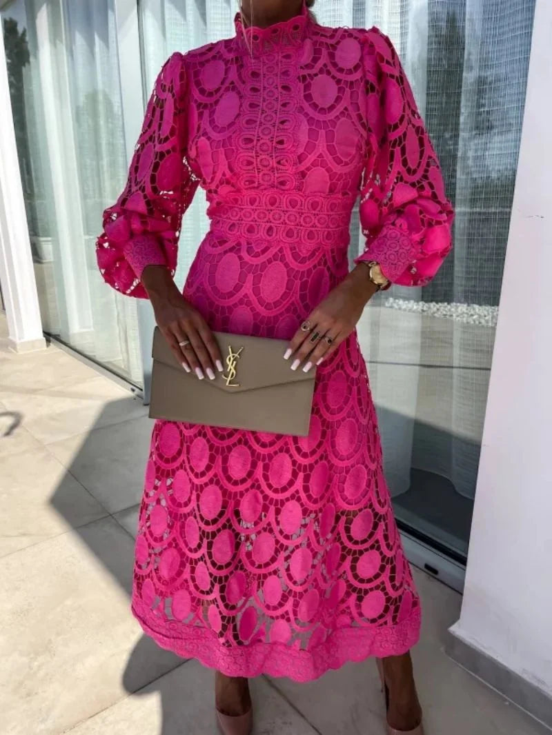 Pink Women's Lace Midi Dress — Rhiannon Long Sleeve High Neck - Front Close Up