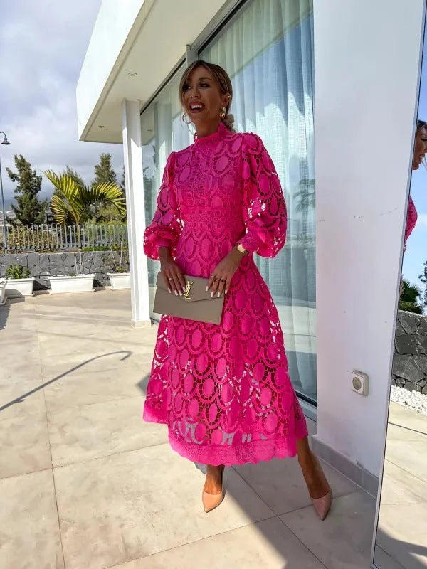 Pink Women's Lace Midi Dress — Rhiannon Long Sleeve High Neck - Front Full Pose