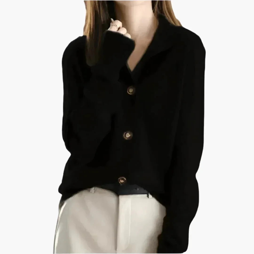 Black Women's Lapel Knit Cardigan — Melanie Tailored Button-Front Ribbed Cuff - Front Detail