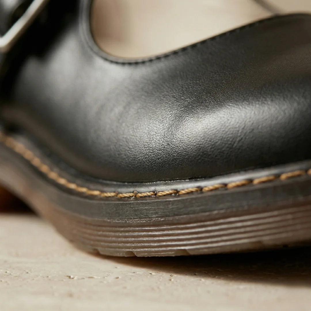 Black Women's Leather Mary Janes — Miranda Buckle Strap Round Toe Flats - Toe Detail