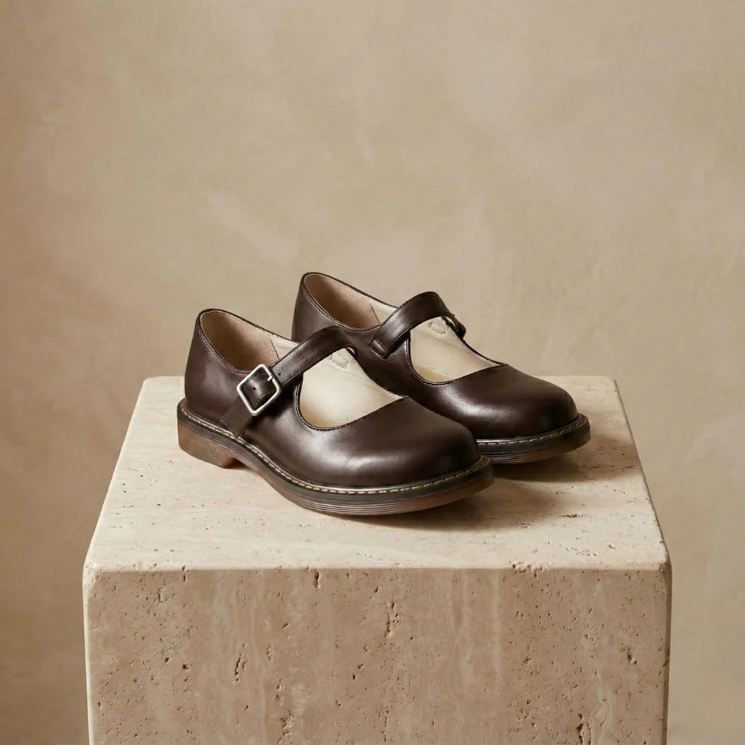 Brown Women's Leather Mary Janes — Miranda Buckle Strap Round Toe Flats - Front Full