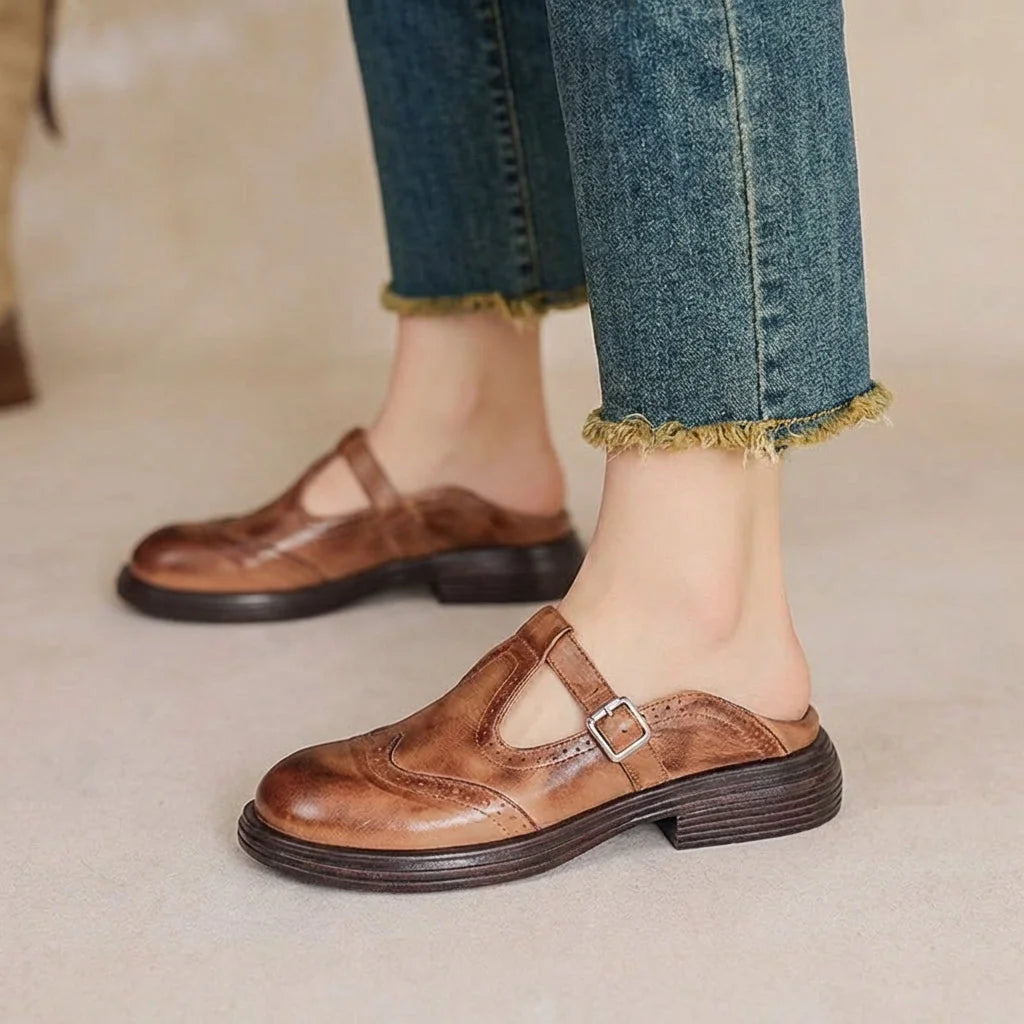 Brown Women's T-Strap Leather Mary Janes — Jane Burnished Buckle Brogue - Side View Walking