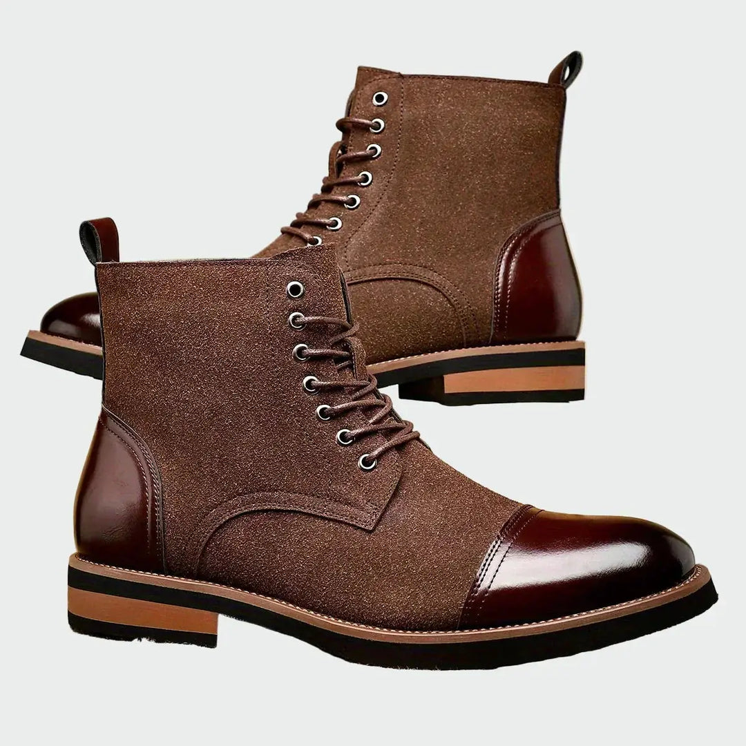 Brown Men's Cap-Toe Leather Oxford Shoes — Esme Lace-Up Two-Tone Ankle Boots - Side Profile Pair