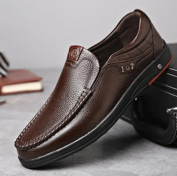 Brown Men's Leather Slip-On Shoes — Ethan Cushioned Moc-Toe Work Loafers - Front Three Quarter
