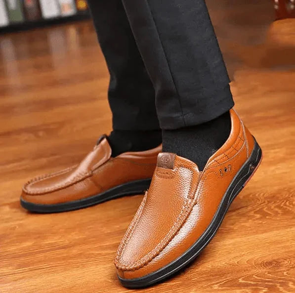 Yellow Men's Leather Slip-On Shoes — Ethan Cushioned Moc-Toe Work Loafers - Worn Lifestyle Tan