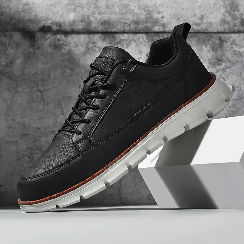 Black Men's Casual Leather Sneakers — Madison Cushioned Lace-Up Low-Top - Side Pose