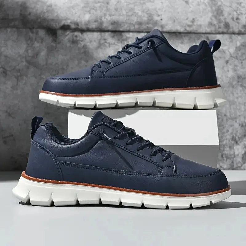 Blue Men's Casual Leather Sneakers — Madison Cushioned Lace-Up Low-Top - Pair Studio