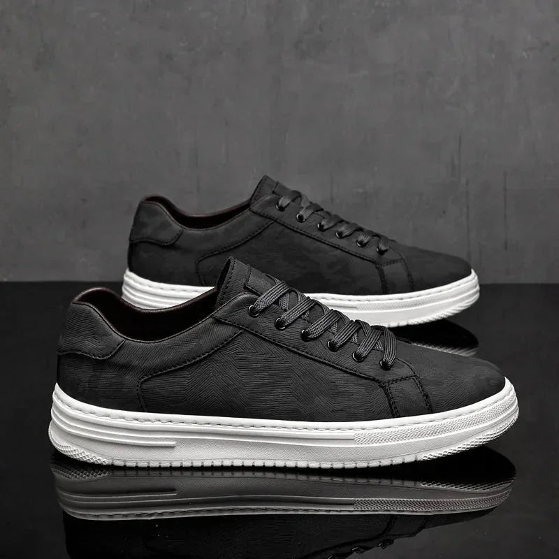 Black Men's Leather Walking Sneakers — Harvey Textured Lace-Up Low-Top - Pair Side By Side